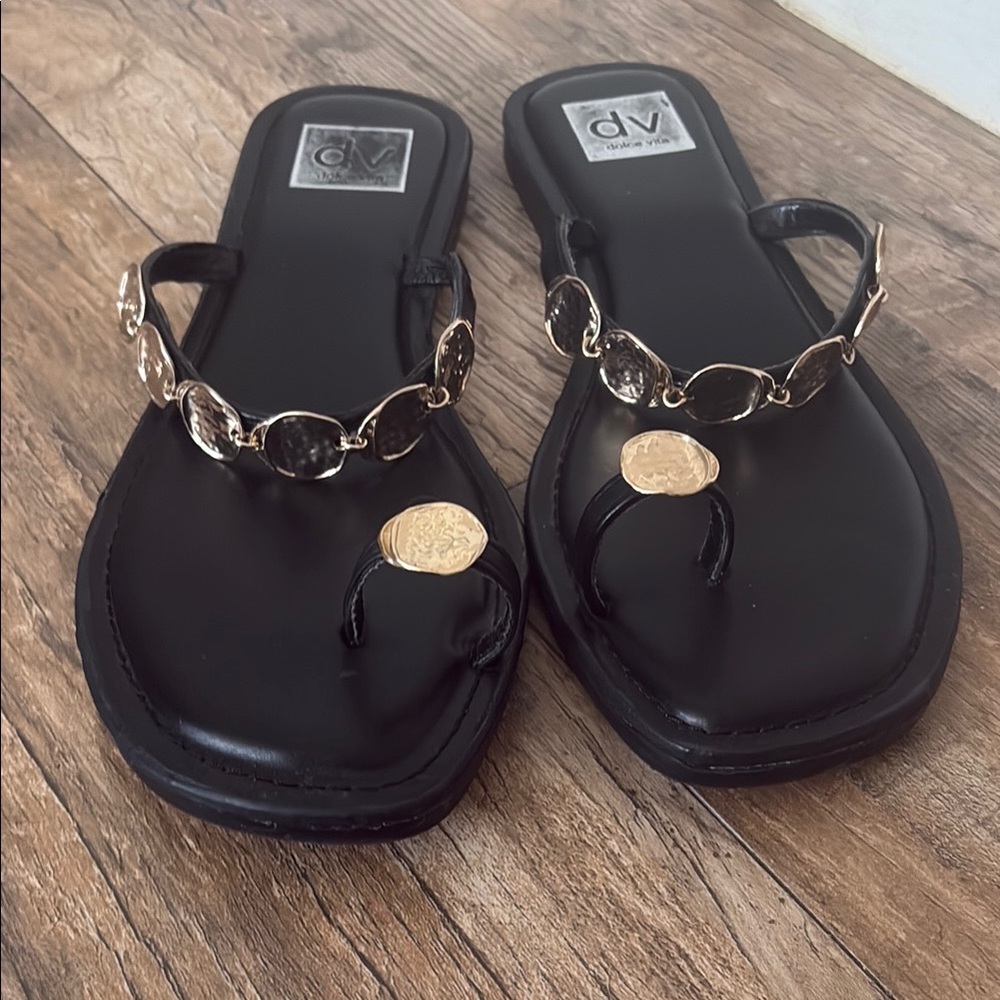 DV by Dolce Vita Black Thong Sandals with Gold Coin Accents